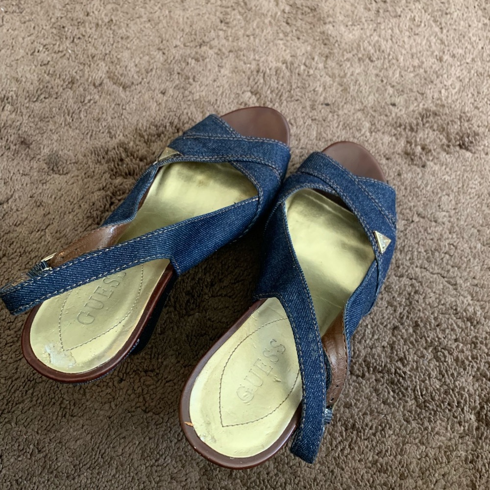 Demin Guess wedge sandals 8 1/2. Slightly worn.